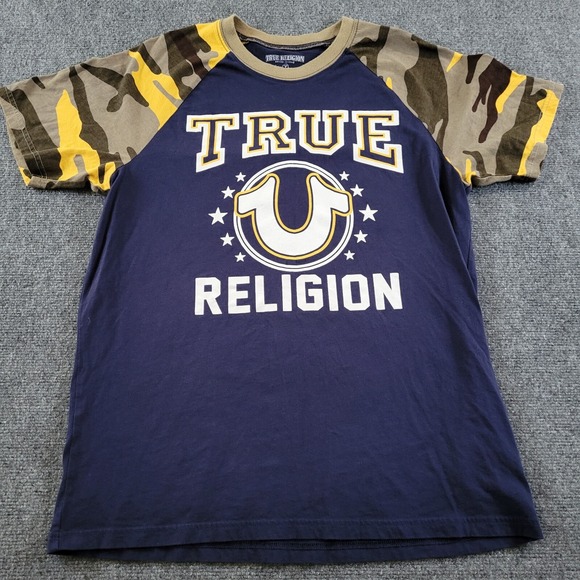 True Religion Tops - True Religion Graphic World Tour T-Shirt Navy Blue w/ Camo Sleeves Large